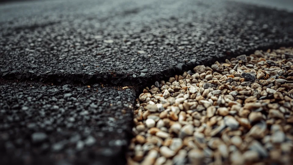 Detail of a compacted asphalt edge meeting a stone shoulder, showing the layered section