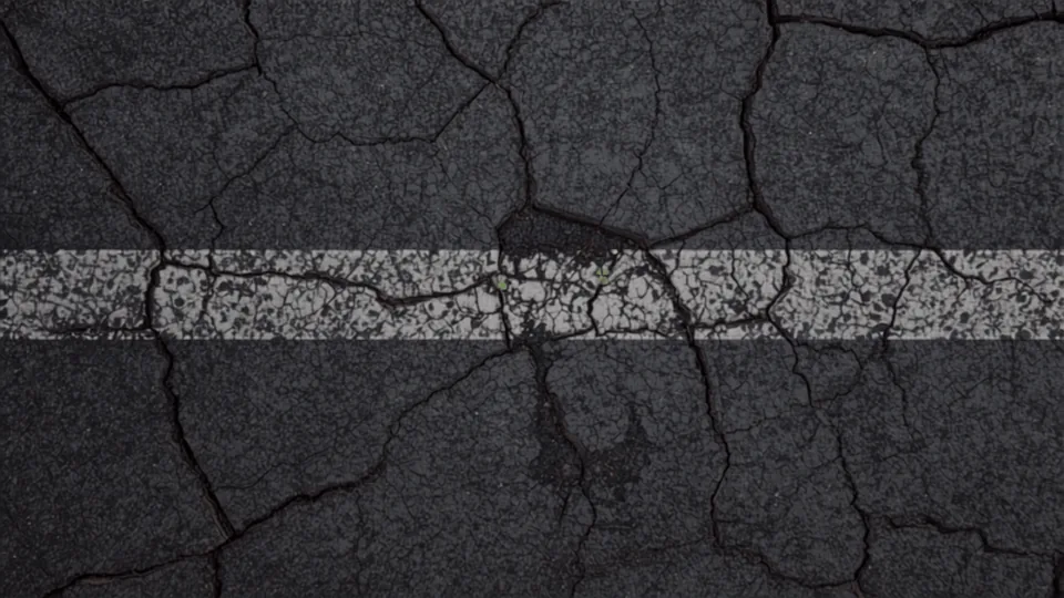 Interlocking cracking spread across an aged asphalt surface with a faded painted stripe