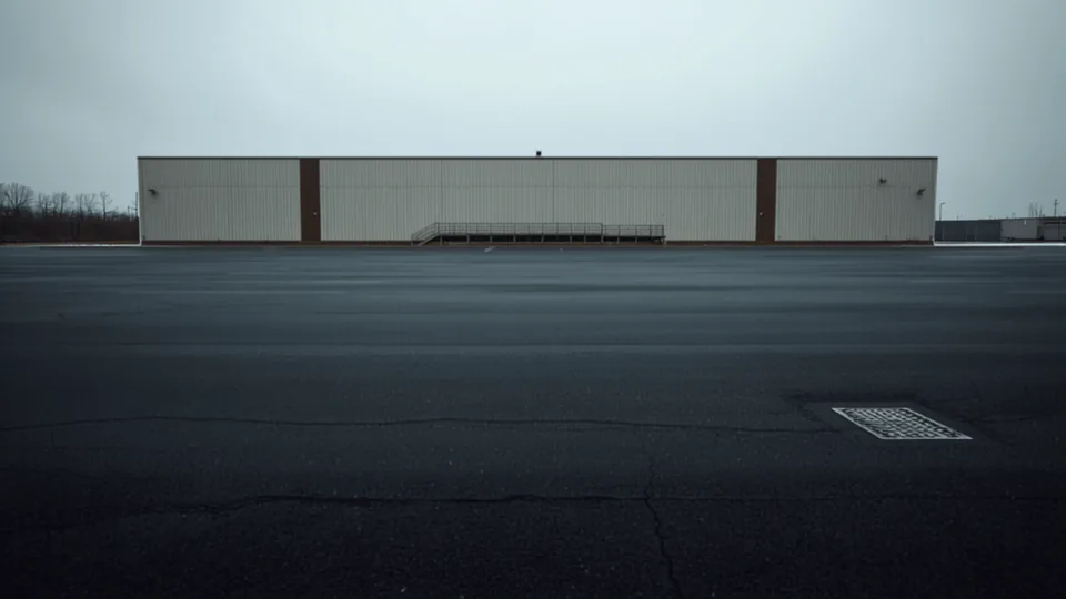 Empty commercial parking area with a drainage inlet set into the pavement at one side