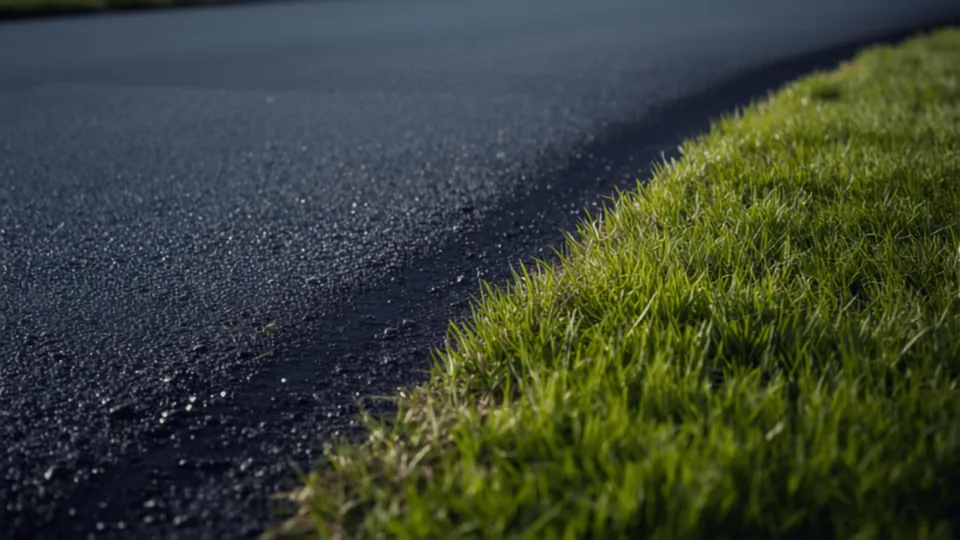 Newly finished asphalt driveway with a clean compacted edge and a graded shoulder alongside