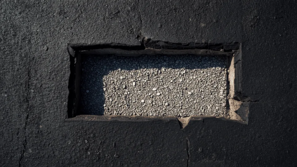 Square-cut full-depth section removed from an asphalt surface exposing the stone base beneath