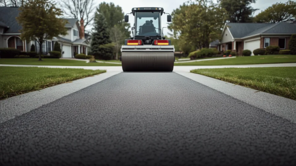 Steel drum roller compacting a fresh asphalt mat on a residential street